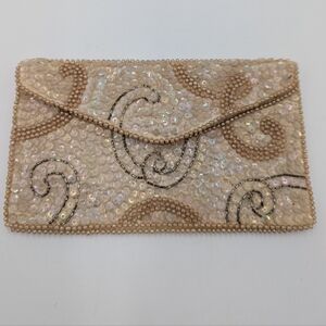 Vintage Sharonee Japan Beaded Sequin Clutch Purse Cream Ivory Bridal Handmade
